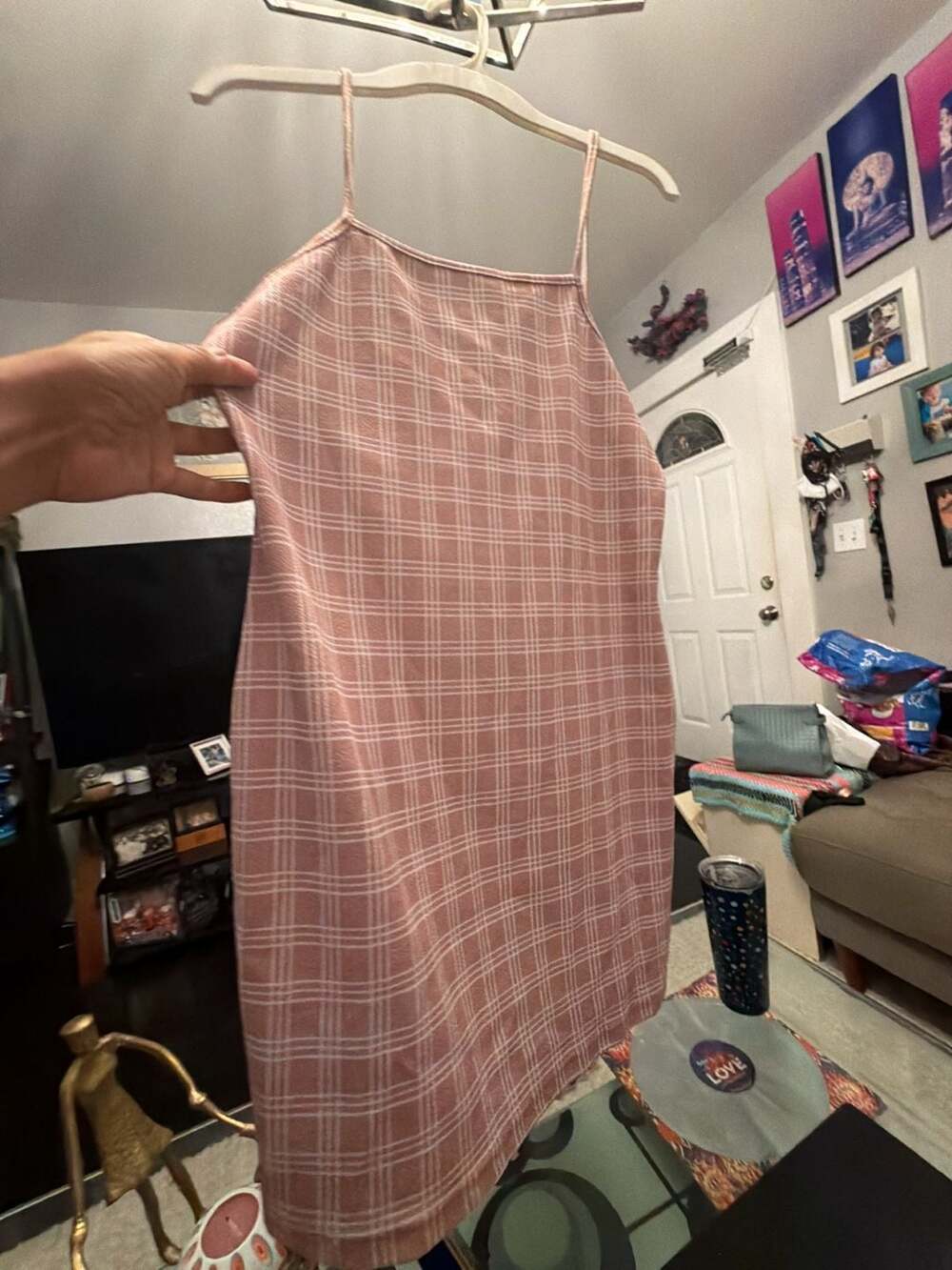 SHEIN Plaid Mini Dress Size XL Pink Spaghetti Strap